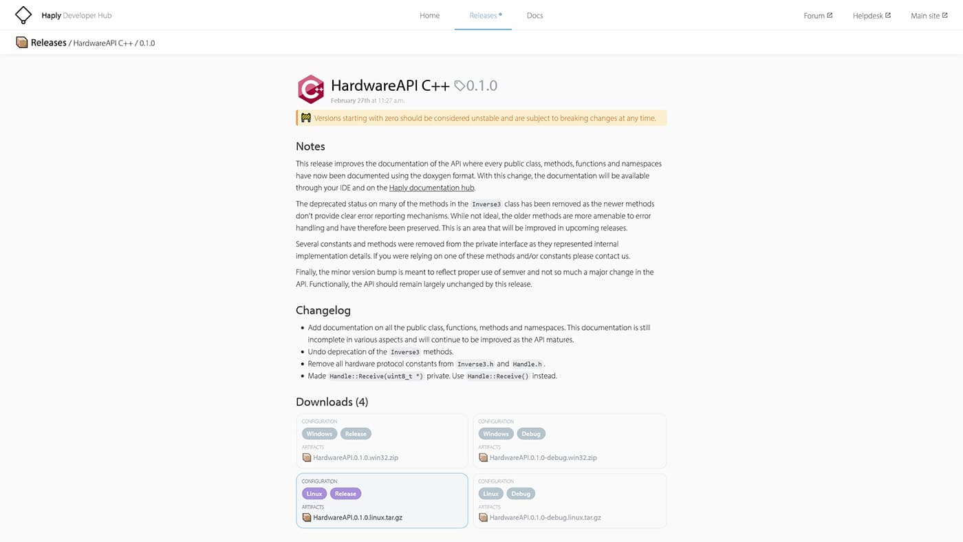 C++ product API release page